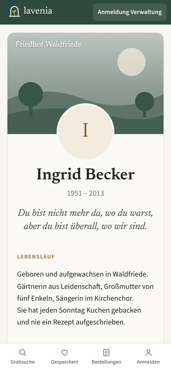 Gedenkseite mit Titelbild, Lebensdaten, Spruch und Lebenslauf