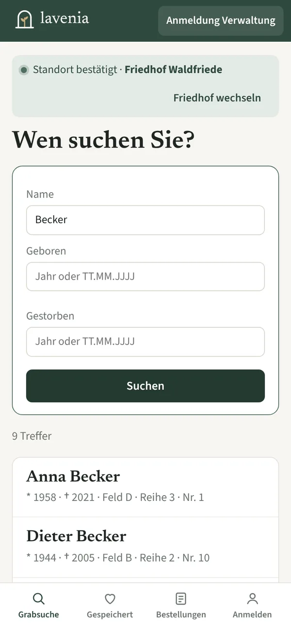 Grabsuche auf dem Smartphone: Standort bestätigt, Suchergebnisse für einen Namen
